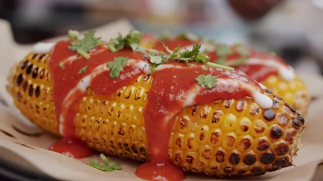 Close up Mexican elote grilled corn covered chili mayo cinematic UHD handheld Latin American street food lifestyle stock video. charred maize spicy spread handheld camera latin
