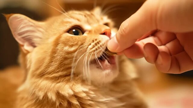 Close up owner giving treat cat happy purr cinematic UHD handheld bonding pet lifestyle stock video. feline affection caregiver reward contentment rumble domestic animal