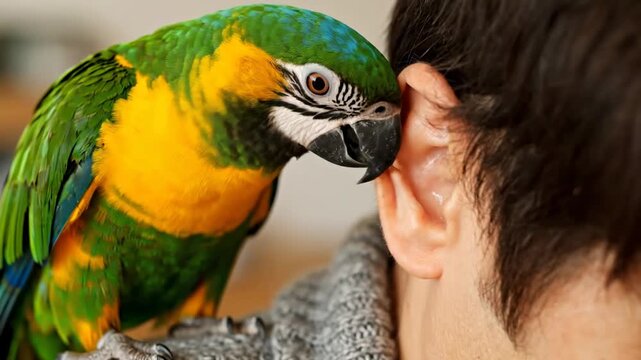 Close up parrot perched shoulder nibbling ear gently cinematic UHD handheld pet bonding lifestyle stock video. avian companion perched affection shoulder nibble auricle ultra high