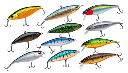 Fototapeta premium Collection of various colorful fishing lures, showcasing realistic designs and vibrant hues against a plain white background.