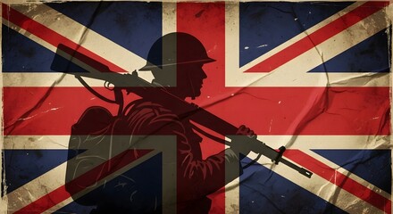 British soldier silhouette carrying rifle against vintage Union Jack flag symbolizing national pride and military history