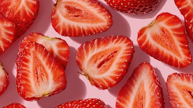 Halved strawberries scattered on pink background
