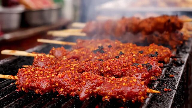Close up suya beef skewers seasoned spices grilling cinematic UHD handheld African street food lifestyle stock video. spiced bovine kebab barbecue ultra high definition handheld