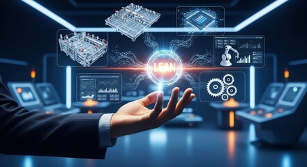 Hand presents futuristic technology interface in a modern office setting, showcasing innovation and digital transformation with a sleek, professional aesthetic.