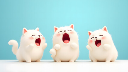 Three Happy Fluffy Cats Singing and Laughing with Their Mouths Wide Open