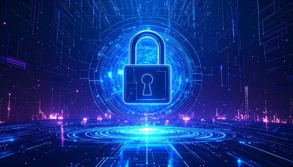 Digital lock icon in glowing circuit network