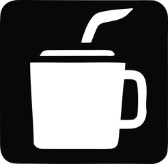 Simple white coffee mug icon with straw silhouette and stem on black square for beverage cafe branding and design