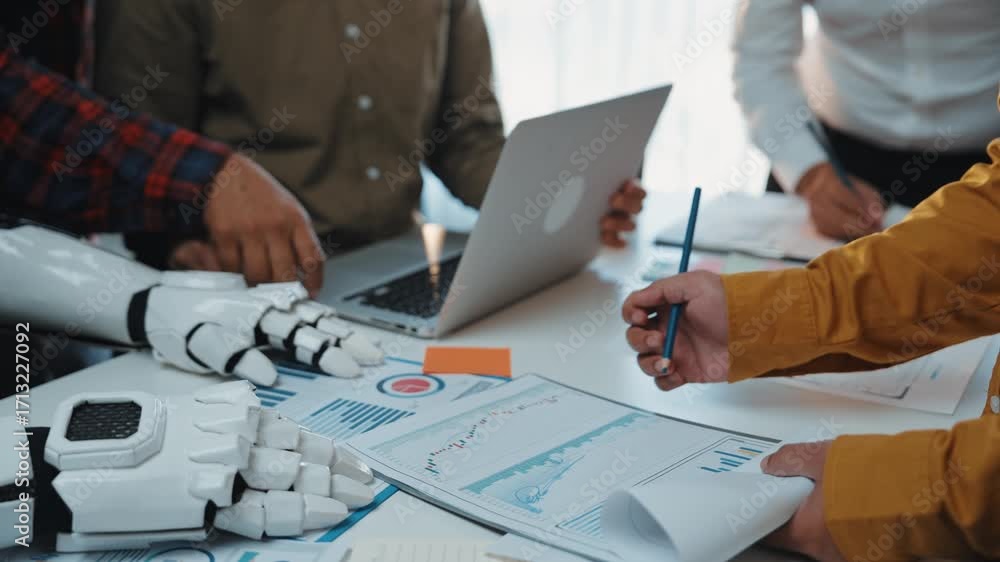 Poster a high-tech office scene featuring ai-powered solutions assisting in business planning, showcasing t