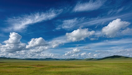 Obraz premium Vast, grassy plain under a vibrant blue sky filled with wispy clouds