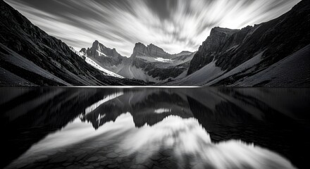 Dramatic monochrome mountain lake landscape with dramatic sky and reflections