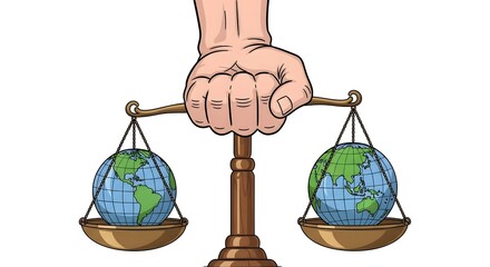 World Day of Social Justice Conceptual illustration of a hand holding balanced scales of justice with two Earth globes, representing global equality and environmental balance