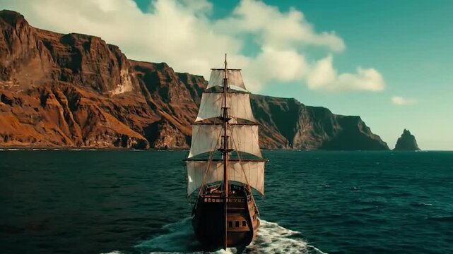 Epic Drone Shot Tracking a Historic Caravel on a Voyage Along a Majestic Volcanic Coastline
