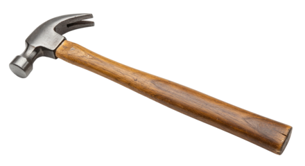 A classic claw hammer with a wooden handle on a black background