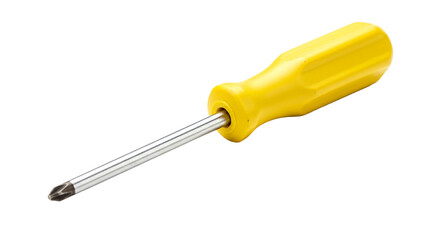 Bright yellow screwdriver with metal shaft isolated on black background