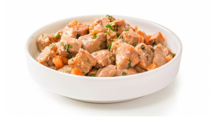 Wet Food for Dogs and Cats in a Bowl on White Background: Highlighting Rich, Meaty Textures, Nutrient-Packed Formulas, and Fresh Appeal – Perfect Visuals for Pet Food E-Commerce Listings, Product Cata