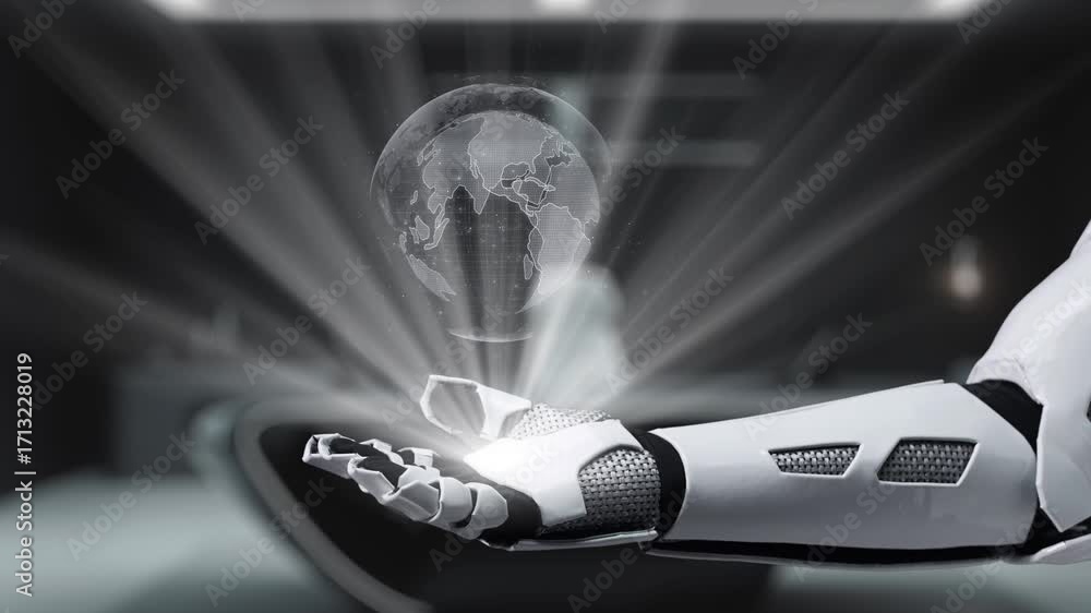 Poster a futuristic robot hand presents a holographic globe showcasing languages, symbolizing global commun