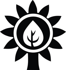 Bold black and white symbol of a leaf within a flower and tree silhouette representing nature growth and sustainability principles