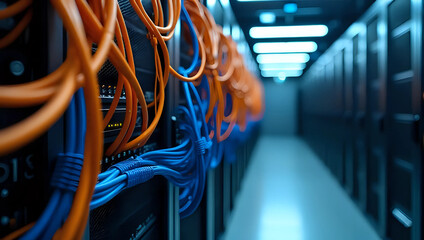Tangled mass of orange and blue wires, connecting technology infrastructure, server room - chaos and complexity in IT network, datacenter hardware, computing systems, and communication cables