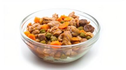 Fototapeta premium Wet Food for Dogs and Cats in a Bowl on White Background: Highlighting Rich, Meaty Textures, Nutrient-Packed Formulas, and Fresh Appeal – Perfect Visuals for Pet Food E-Commerce Listings, Product Cata