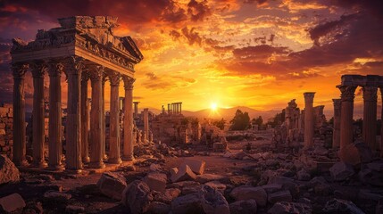 Fototapeta premium Sunset over ancient ruins, columns, stones, and dramatic sky.