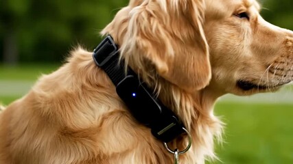 Close up dog wearing smart collar GPS tracker cinematic UHD handheld pet tech lifestyle stock video. canine face intelligent collar location device filmic ultra high definition