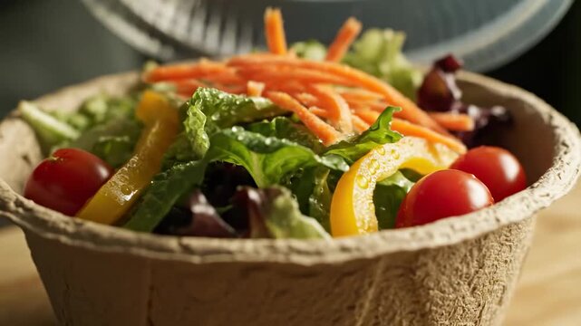 Close up compostable packaging fresh salad bowl cinematic UHD handheld eco dining lifestyle stock video. organic greens container biodegradable wrap raw nourishment filmic ultra high