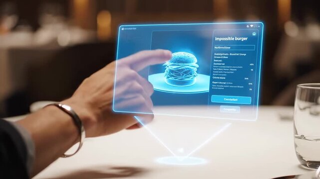 Close up customer selecting items AR holographic menu cinematic UHD handheld future dining lifestyle stock video. patron choice augmented reality display high definition portable