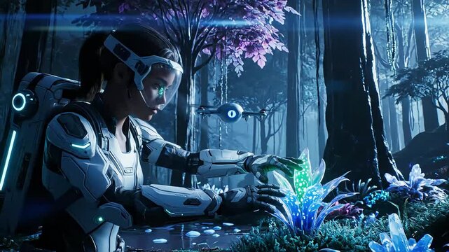 Futuristic explorer in a glowing forest with a drone companion discovering new plant species suggesting advanced technology and space exploration