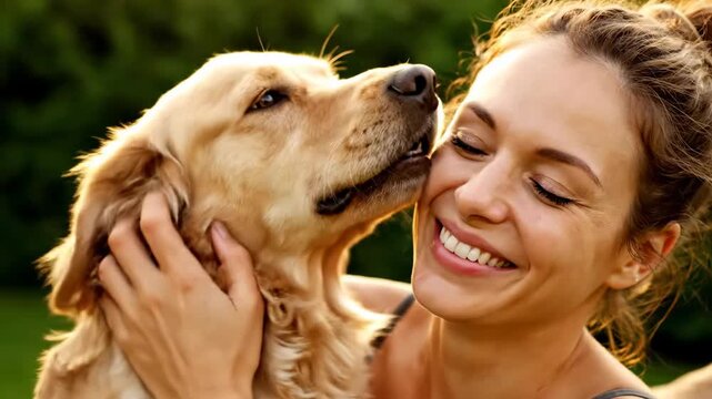 Close up dog licking owner s face happily outdoors cinematic UHD handheld pet bonding lifestyle stock video. canine affection human companion joyous lick exterior filmic ultra high