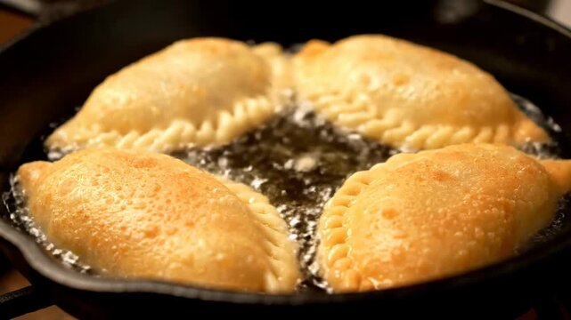 Close up empanadas frying golden brown pan cinematic UHD handheld South American street food stock video. savory turnover cooking browned skillet handheld