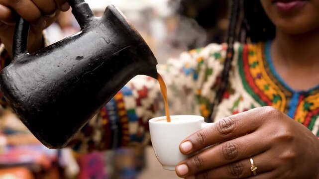 Close up Ethiopian coffee ceremony pouring steaming espresso cinematic UHD handheld African street food lifestyle stock video. ethiopian java ritual infusion vaporous brew