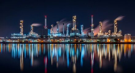 Modern Industrial Oil Refinery Complex at Night Reflecting in Calm Water with Lights and Smoke