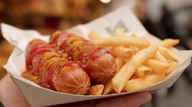 Close up German currywurst sausage fries paper tray cinematic UHD handheld European street food lifestyle stock video. frankfurter sliced potato container germany gastronomy