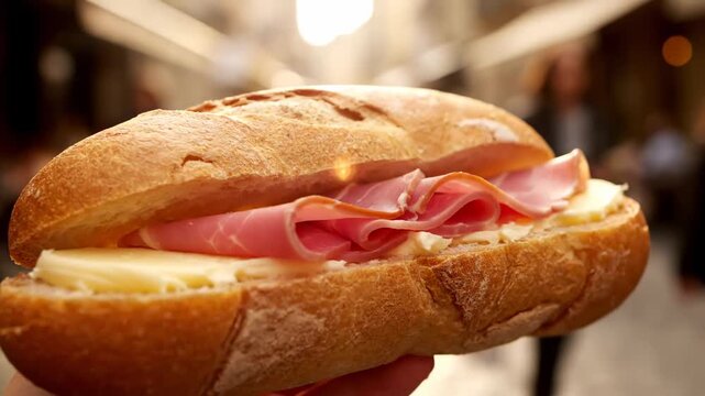 Close up French baguette sandwich butter ham cinematic UHD handheld European street food lifestyle stock video. baguette sub provencal pork spread filmic portable