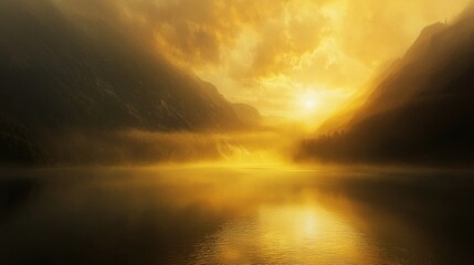 Fototapeta premium Golden sunrise over misty mountain lake.