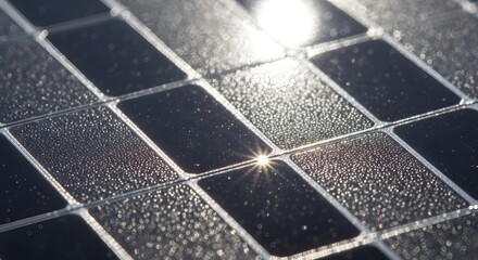 Close up of solar panel surface with sun glare and sparkles representing renewable energy generation and sustainability