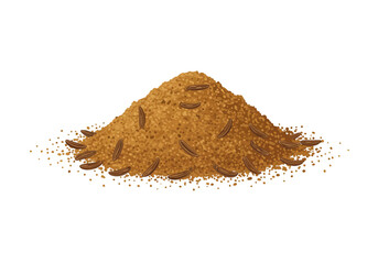 A pile of brown cumin seeds with scattered granules on a white background