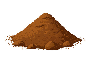 A pile of brown material seemingly dirt or soil arranged in a conical mound against a stark white background