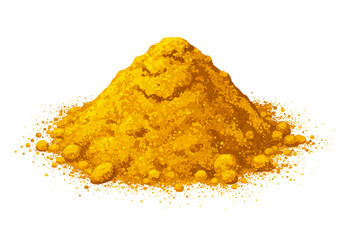 A mound of yellow powder with varying granular textures resting against a white background