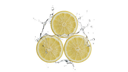 Fresh Lemon Slices with Splashing Water on White Backdrop