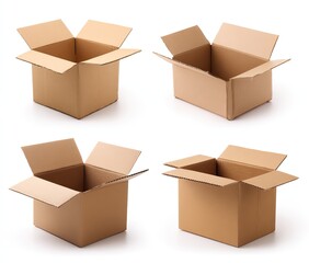 Four open cardboard boxes, arranged in a grid, against a white background. Each box is similar in style and size, showcasing the interior space