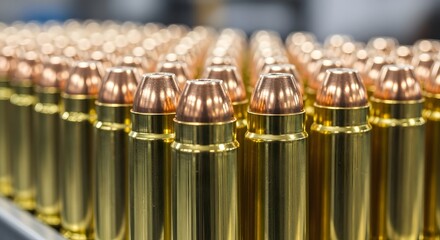 Rows of golden bullet cartridges lined up for ammunition production and manufacturing