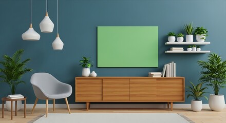 Teal Living Room with Mid-Century Modern Furniture and Greenery