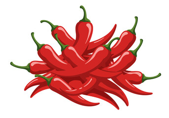 A pile of several cartoon red chili peppers with green stems on a white background