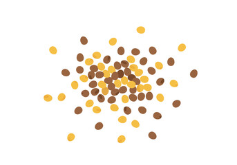 A scattering of brown and yellow candies mostly clustered in the center of the image