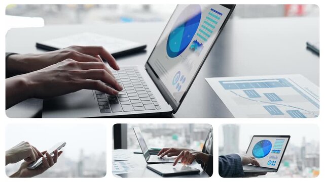 Collage video of various digital device usage scenes, transition from a white background