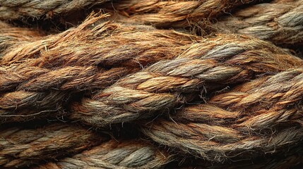 Close-up on thick, rough brown rope with visible twisted fibers and natural texture