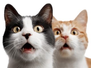 Close up of two shocked and curious cats looking up with wide eyes and mouths open, isolated on white or transparent background