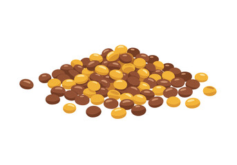 Pile of brown  yellow candy coated chocolates resembling Reeses Pieces in a disordered heap