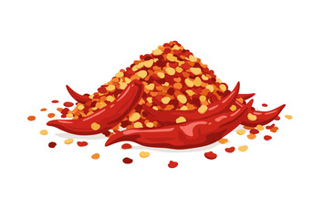 Pile of crushed red pepper flakes and whole chili peppers on a white background